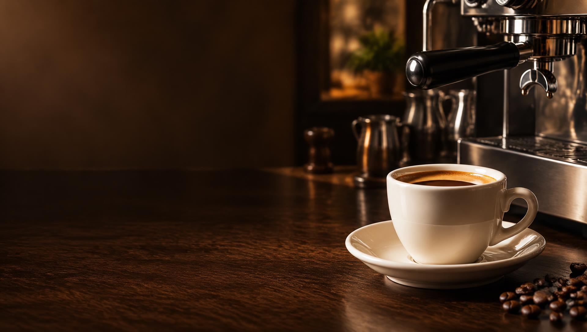 Fresh espresso in an ivory cup on a walnut coffee bar