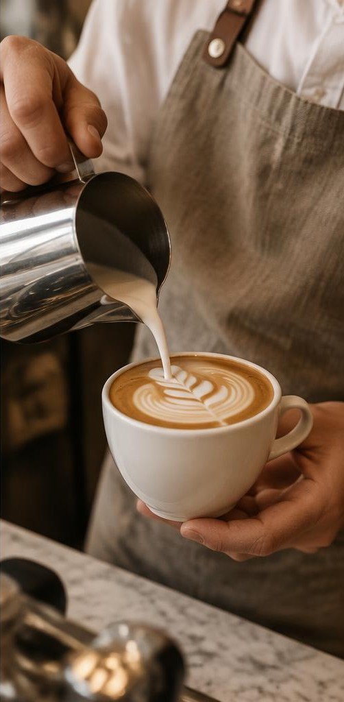 Latte art being poured by a barista